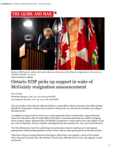 Ontario NDP picks up support in wake of McGuinty resignation