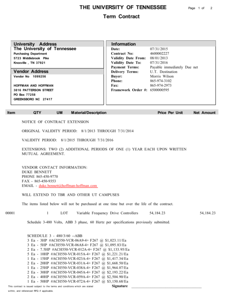 THE UNIVERSITY OF TENNESSEE Term Contract