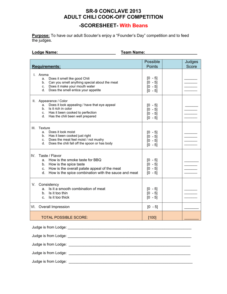 Chili Cook Off Judging Sheet Pdf Free Printable