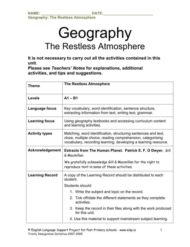 Geography Topic - The Restless Atmosphere