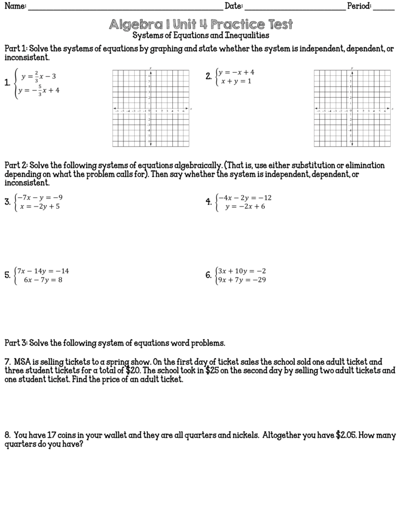 Algebra 21 Unit 21 Practice Test With Algebra 1 Inequalities Worksheet