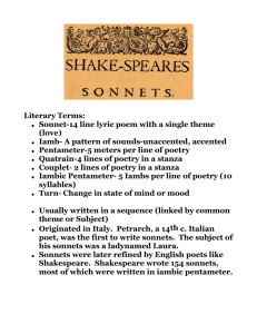 Literary Terms: Sonnet-14 line lyric poem with a single theme (love