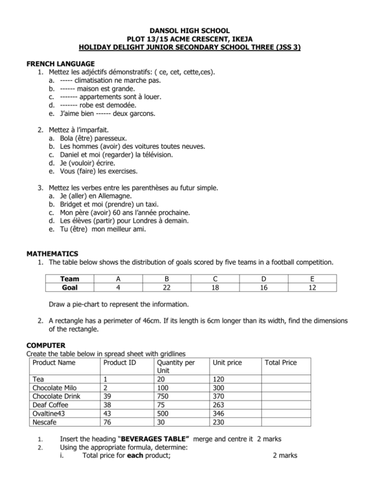 english assignment for jss3
