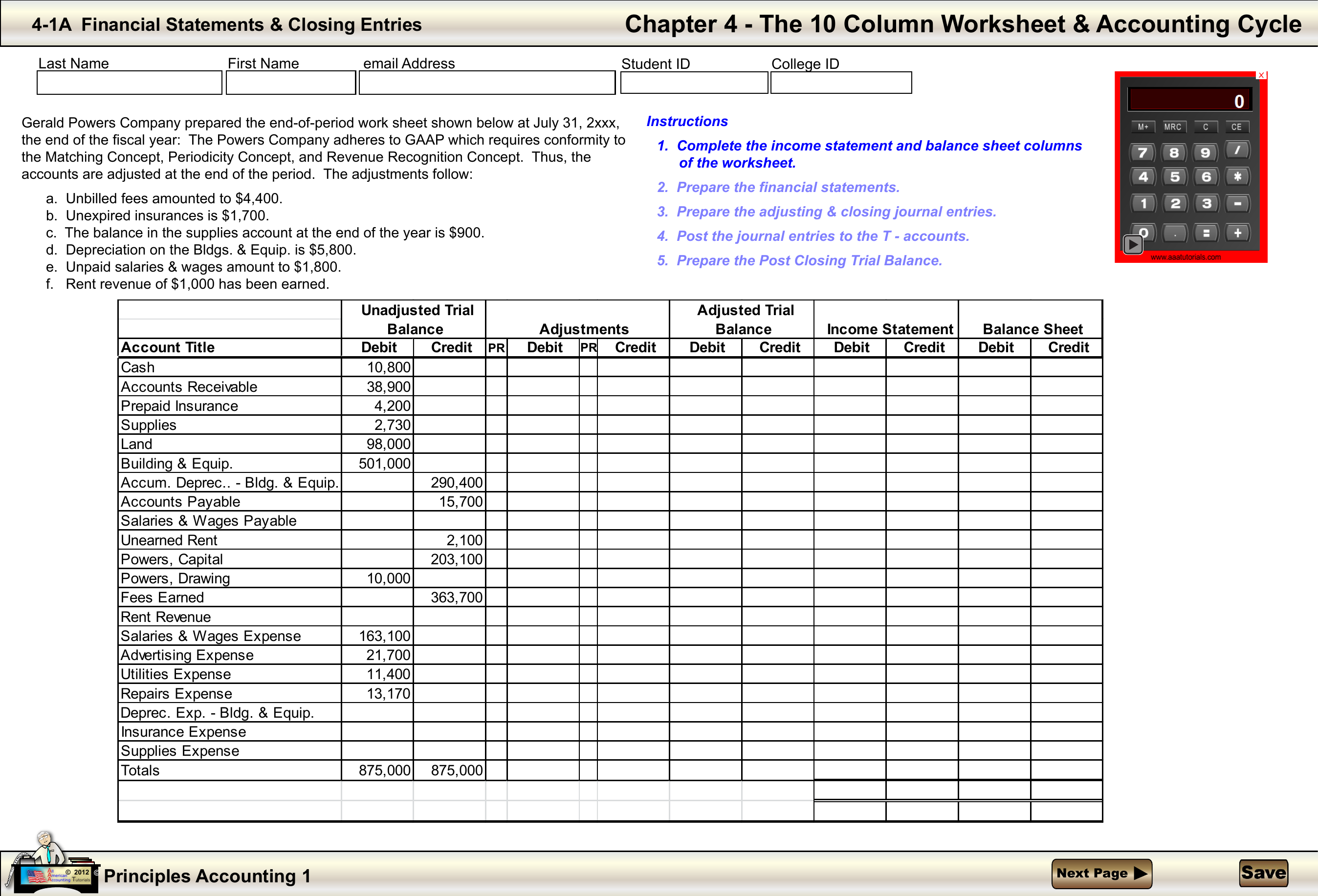 Chapter 4 The 10 Column Worksheet & Accounting Cycle