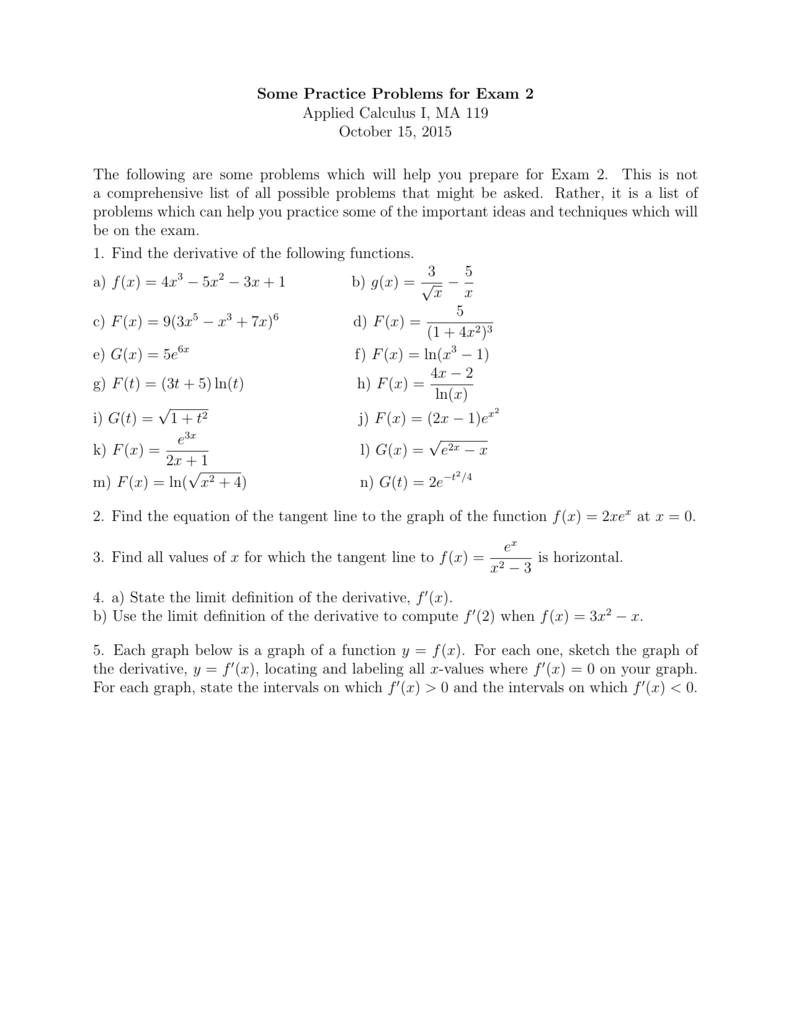 Some Practice Problems For Exam 2 Applied Calculus I Ma 119