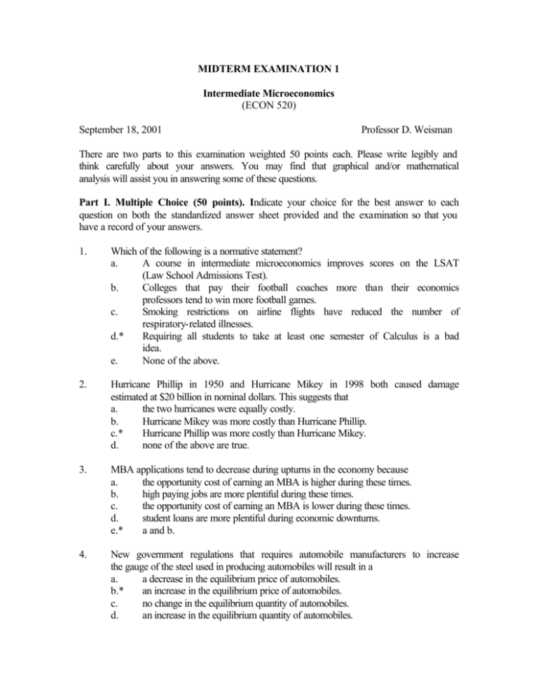 MIDTERM EXAMINATION 1 Intermediate Microeconomics (ECON