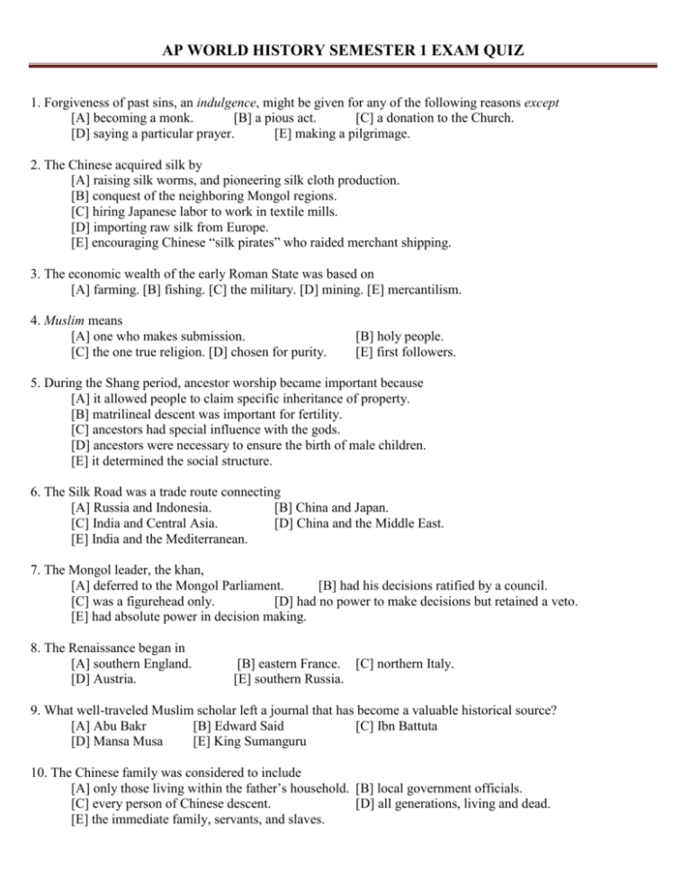 ap world history unit 1 test questions