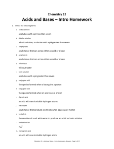 Chemistry 12 Acids and Bases – Intro Homework