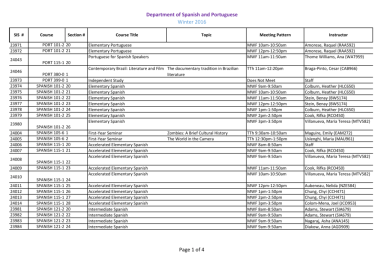 Winter 2016 Undergraduate Course Schedule