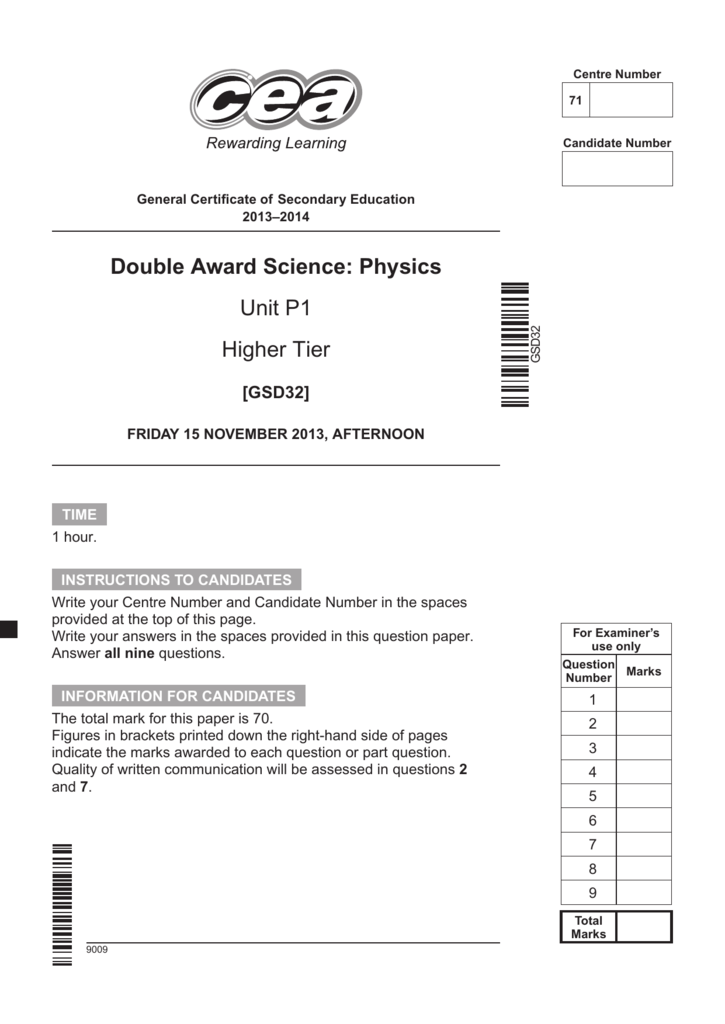 Double Award Science Physics Unit P1 Higher Tier - 