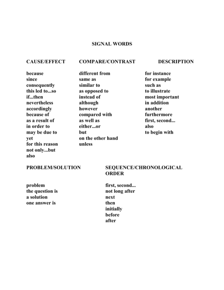 SIGNAL WORDS CAUSE EFFECT COMPARE CONTRAST