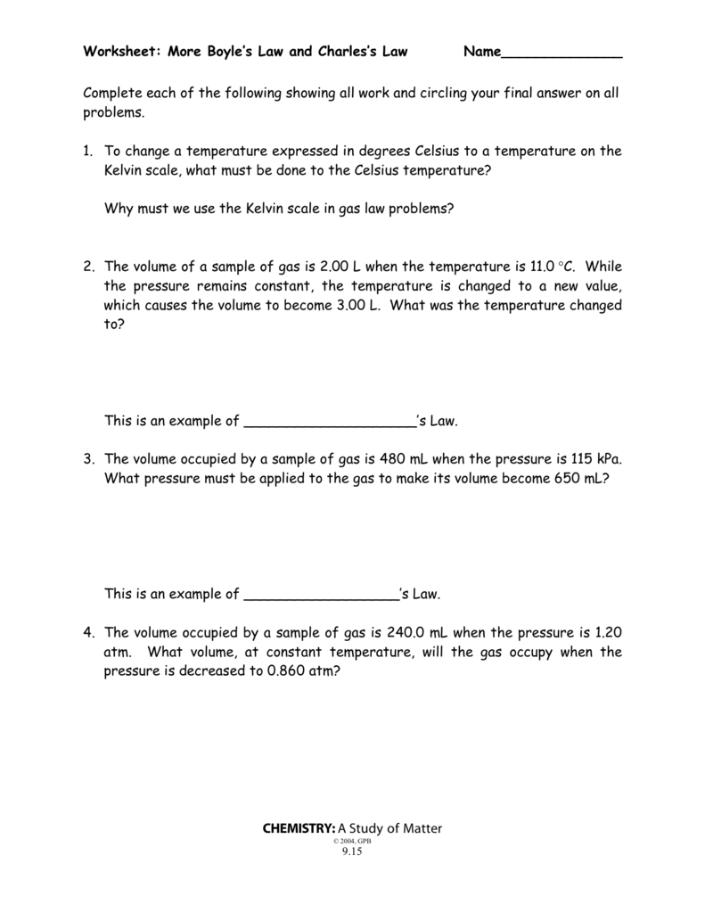 Boyle S Law And Charles Law Worksheet