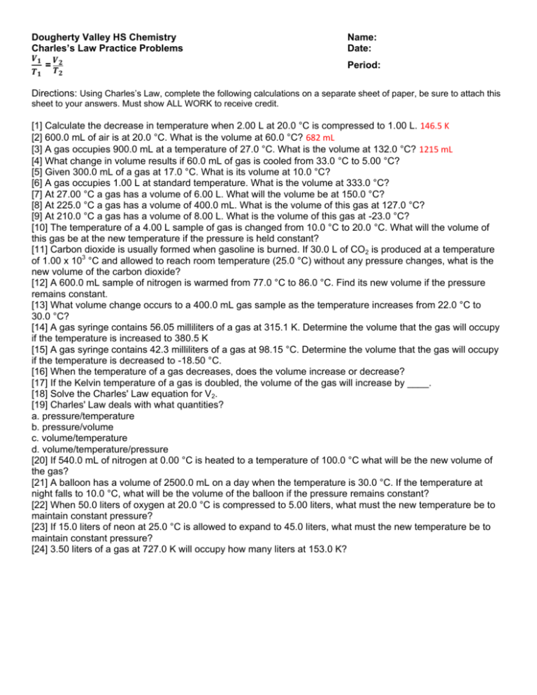 Charles s Law Practice Problems Date