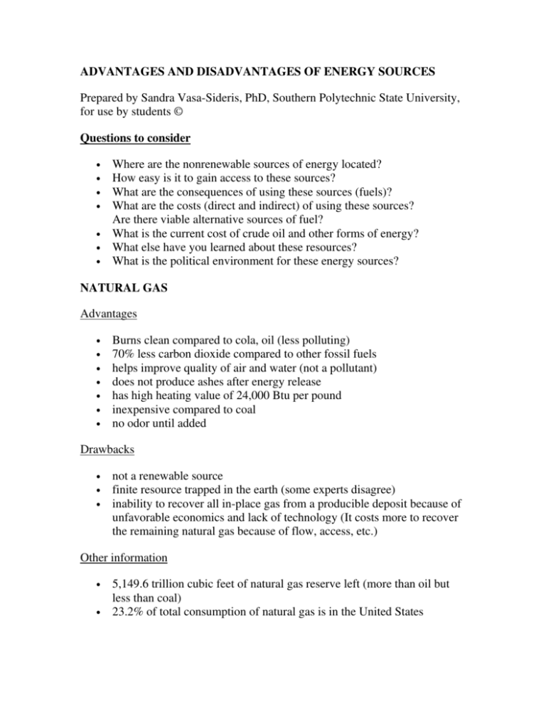 ADVANTAGES AND DISADVANTAGES OF ENERGY SOURCES