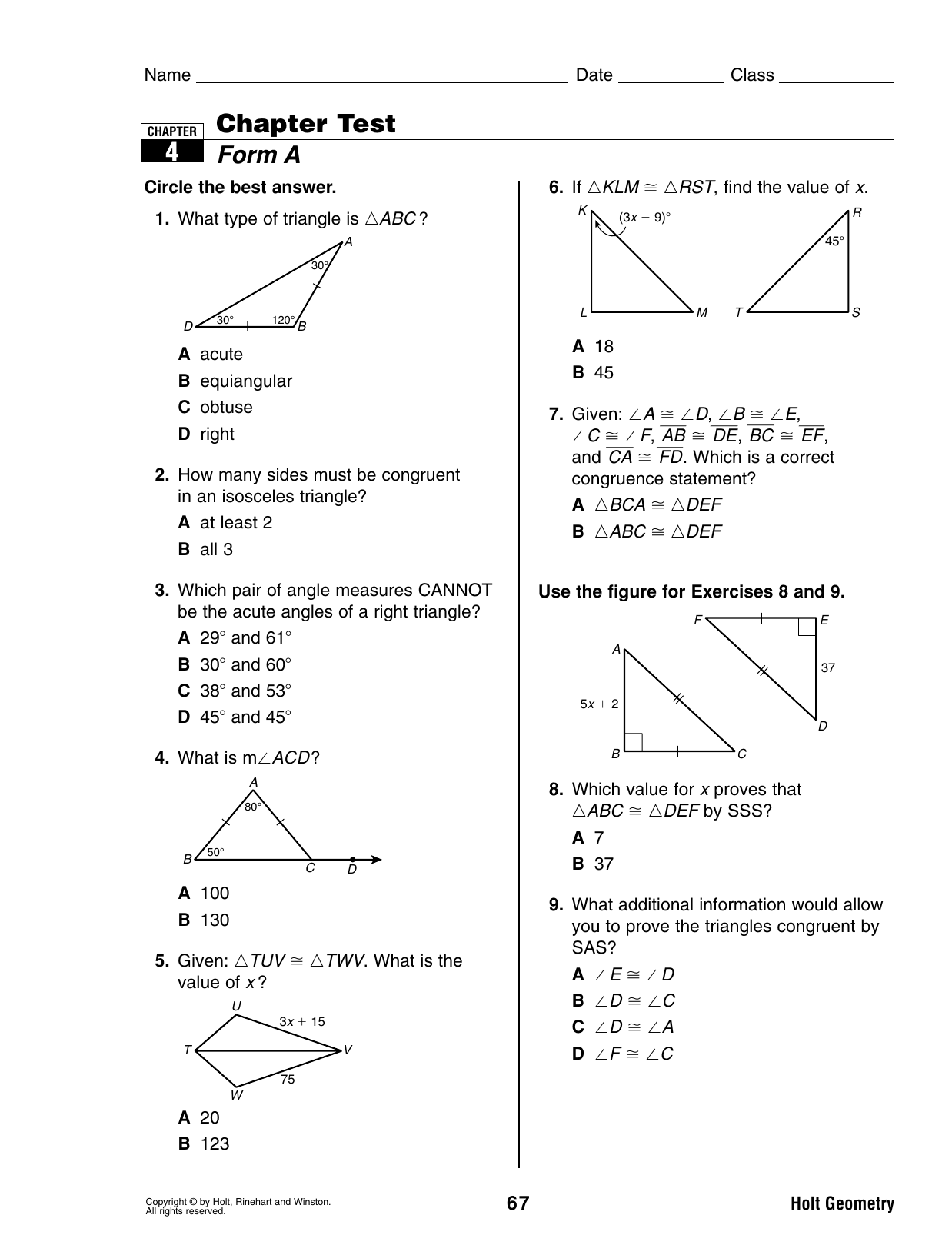 Chapter 4 Test Form 1 Geometry Answers - SaharBraelin