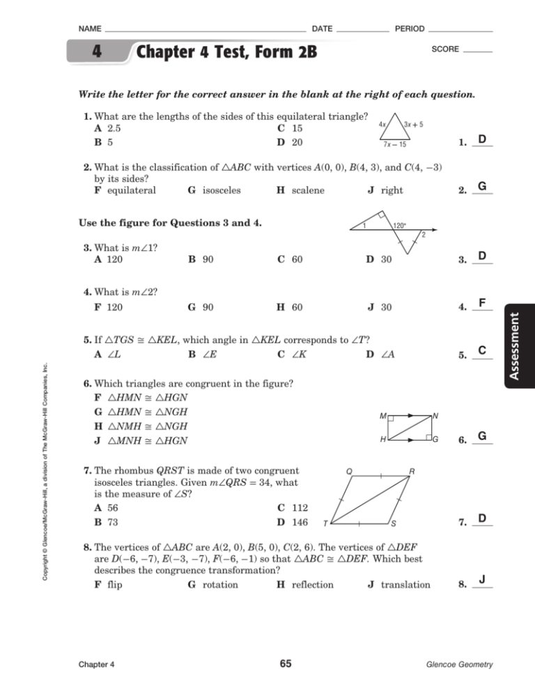 12 Chapter 4 Test B Geometry Answers CaroRhayna