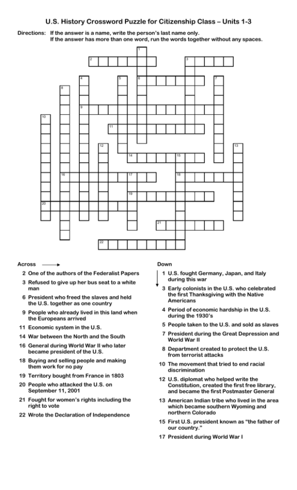 U S History Crossword Puzzle