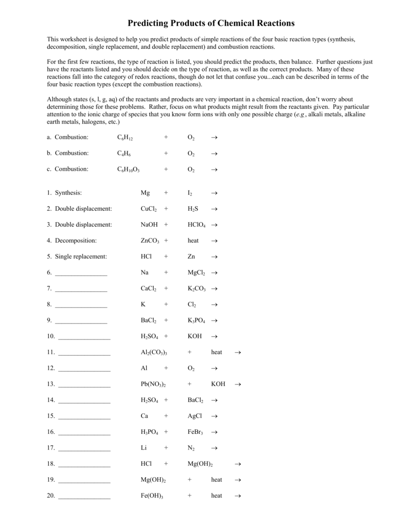 types-of-chemical-reactions-and-predicting-products-worksheet-answer-key