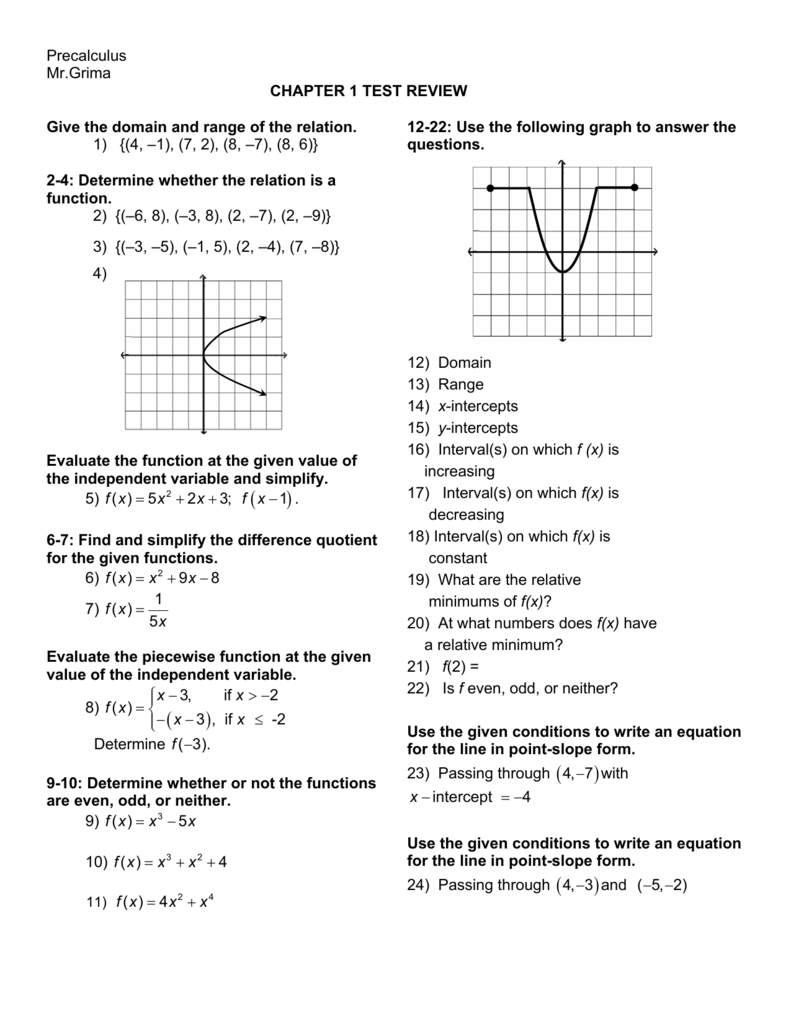 Precalculus Mr Grima Chapter 1 Test Review Give The Domain