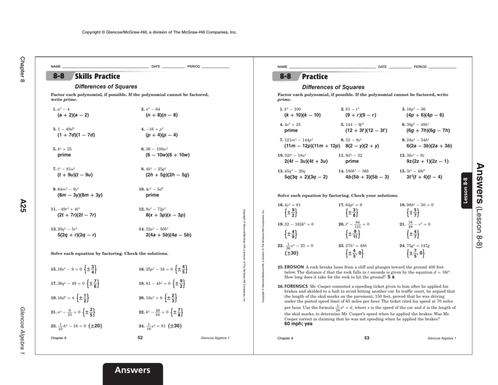 glencoe mcgraw hill homework practice workbook algebra 1 answers