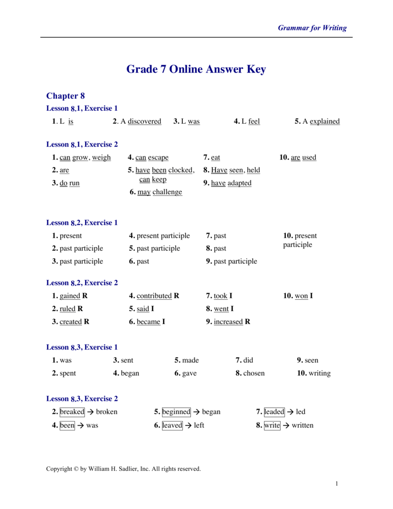 Grade 7 Online Answer Key Sadlier