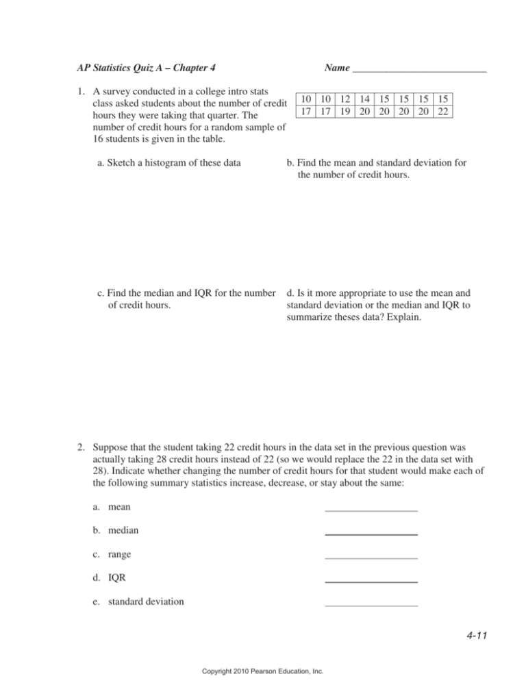 Ap Statistics Quiz A Chapter 4 Name