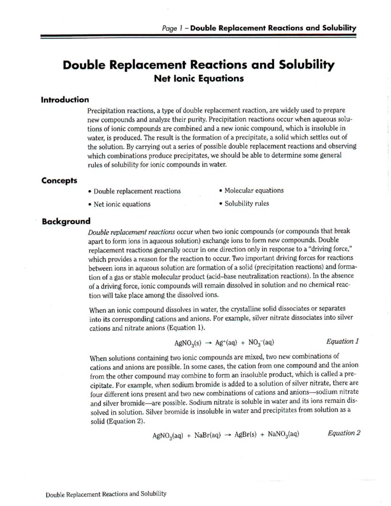 Double Replacement Reactions And Solubility Lab Answers Quepasasanchez