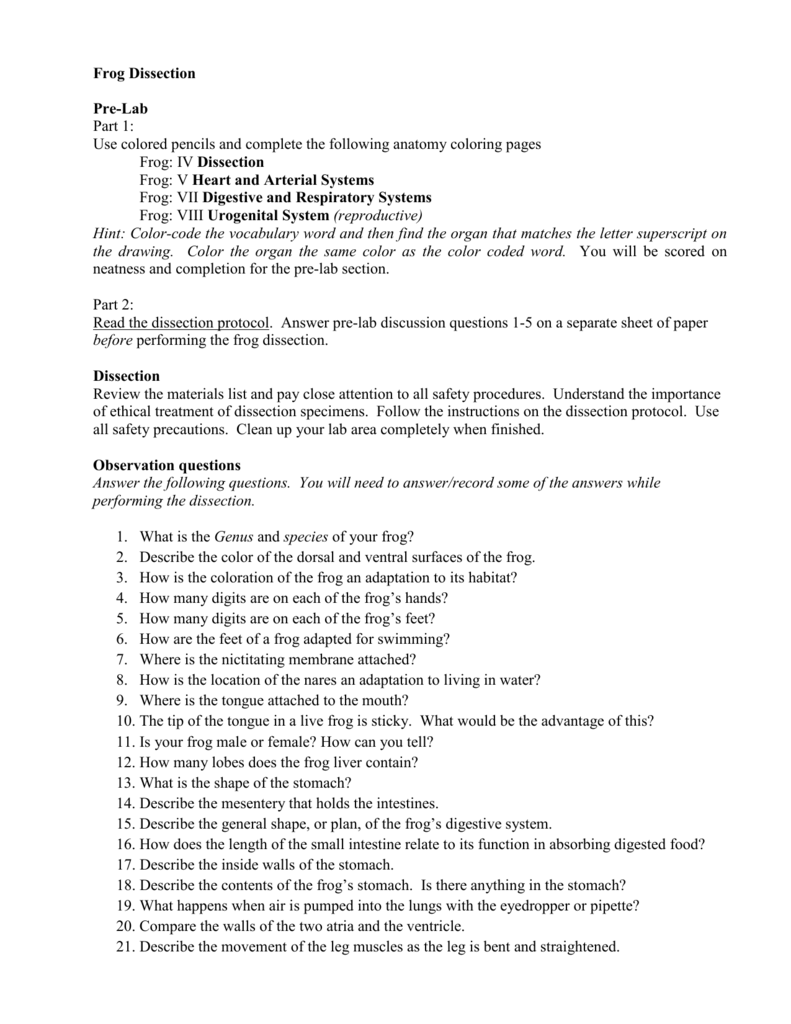 Frog Dissection Pre-Lab Part 25: Use colored pencils and complete Throughout Frog Dissection Worksheet Answer Key