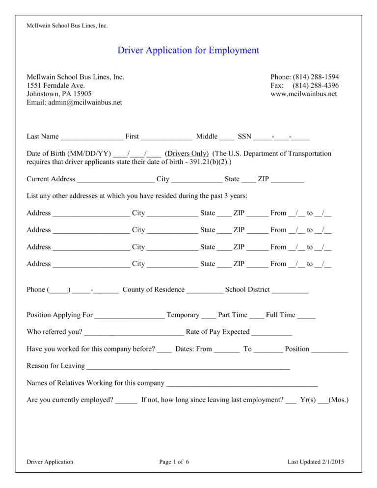Generic Driver Application Driver Application for Employment