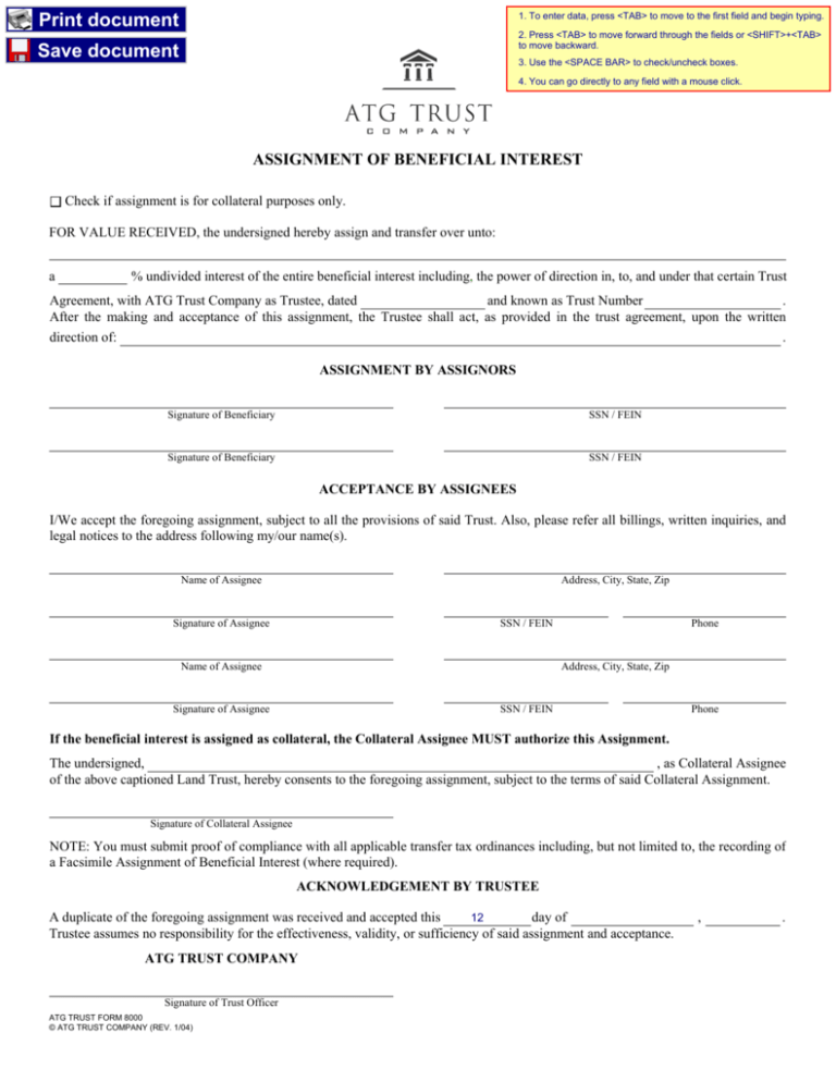 assignment of beneficial interest plc