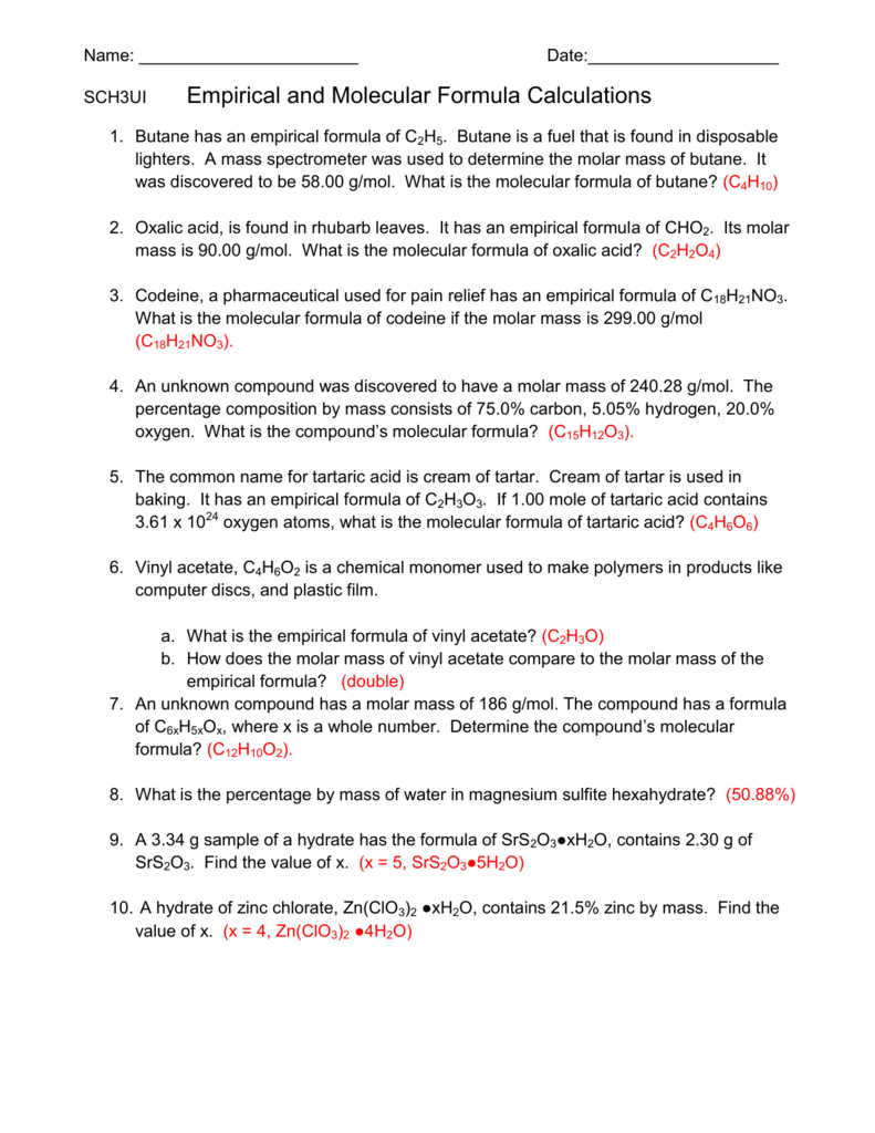 Empirical And Molecular Formula Calculations