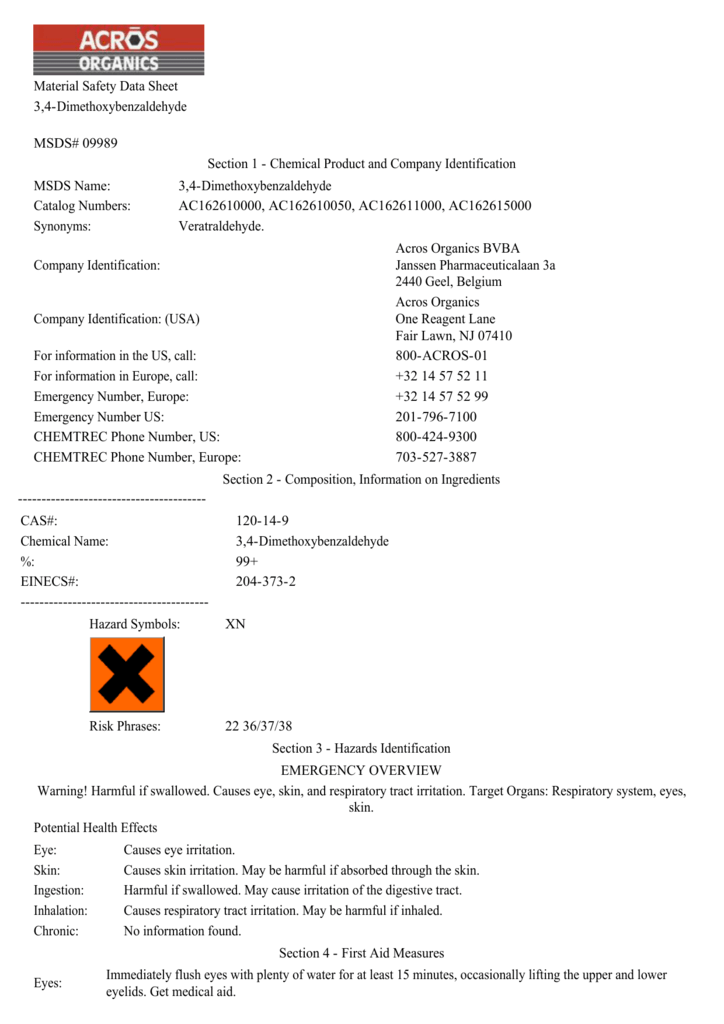 Material Safety Data Sheet 3 4 Dimethoxybenzaldehyde Msds