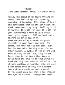 "MUSIC" The John Klemmer "MUSIC" CD Liner Notes Music. The