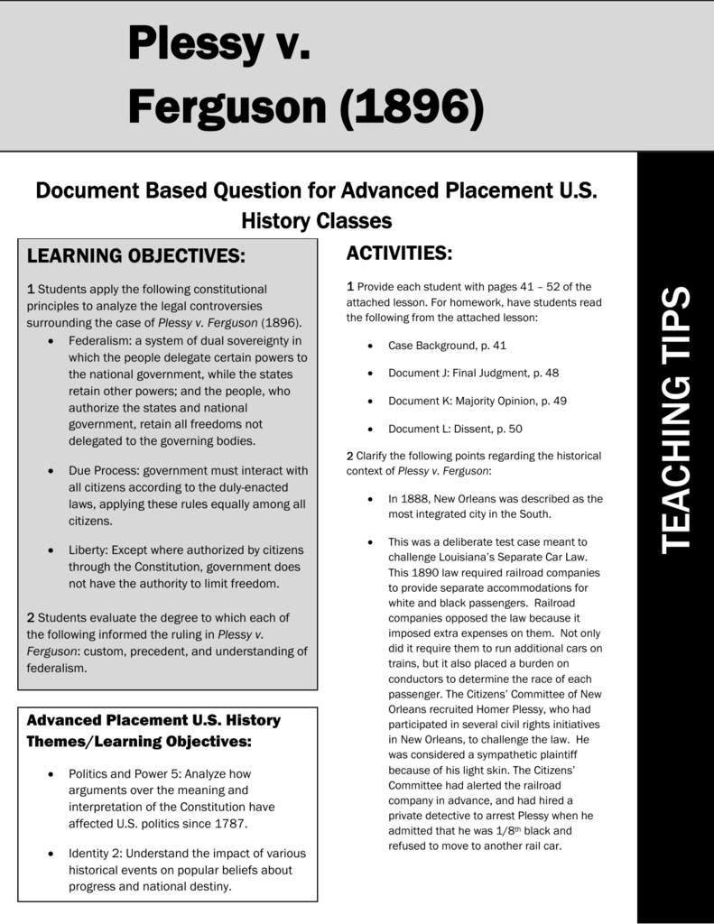 Plessy V Ferguson 1896 Icivics Answer Key : Supreme Court Case Studies