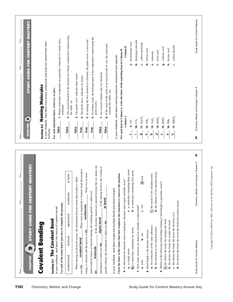 Chemical Reactions Section 9 1 And Equations Worksheet Answers