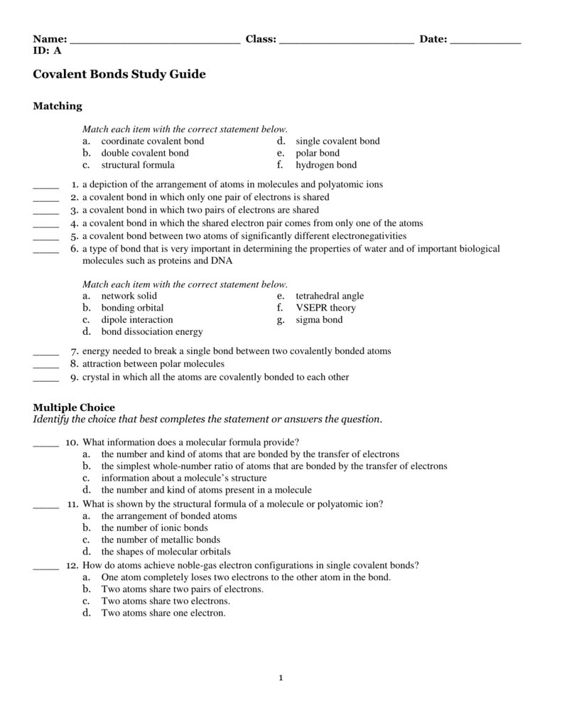 Covalent Bonds Study Guide Covalent Bonds Study Guide