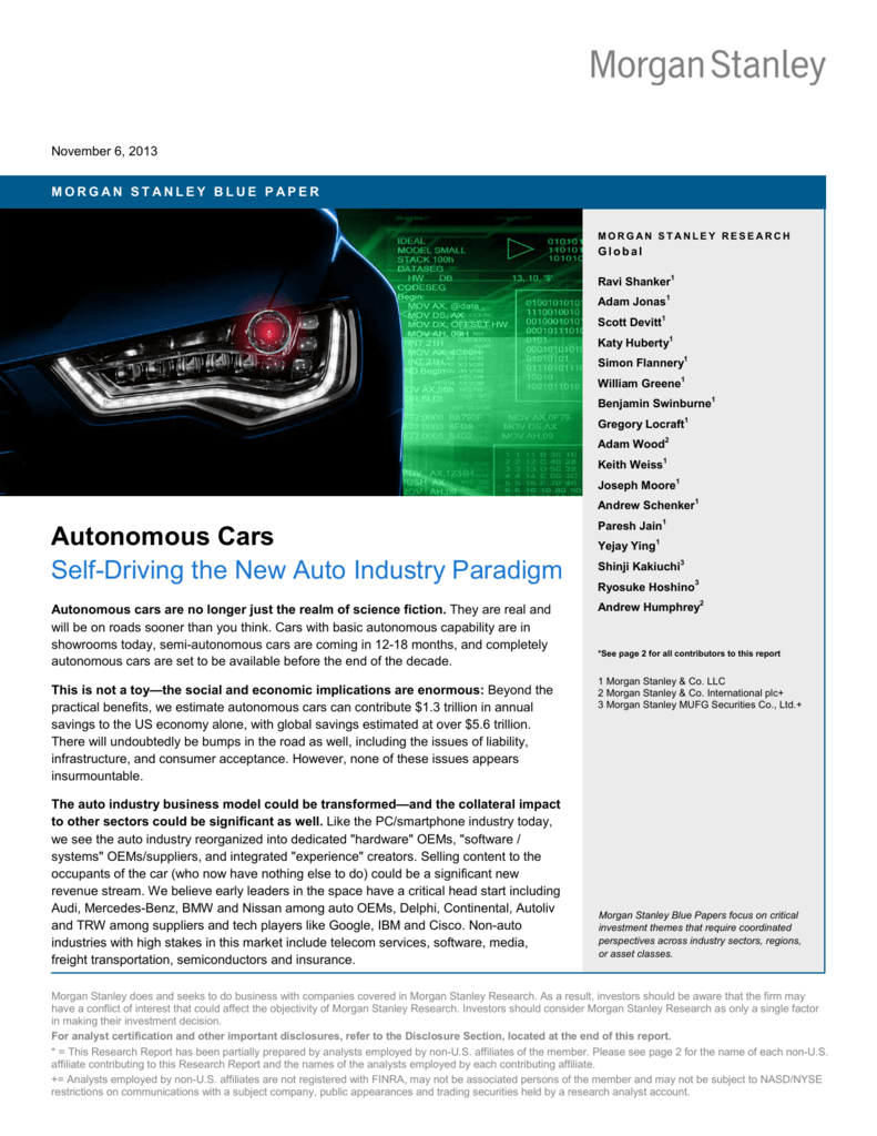 Autonomous Cars: Self-Driving the New Auto Industry Paradigm