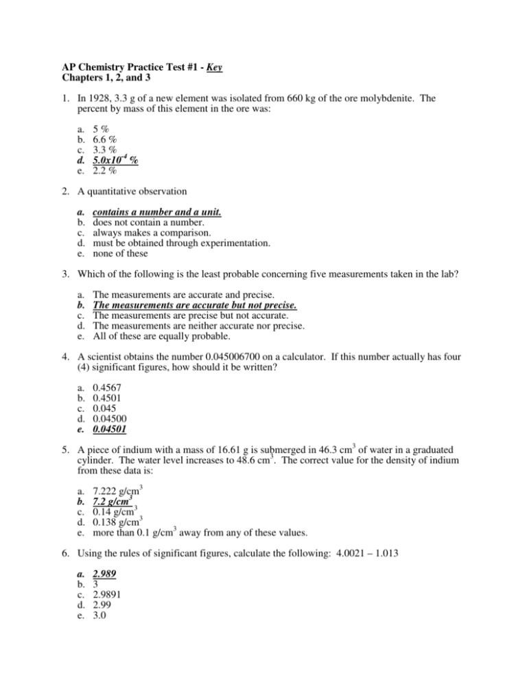 AP Chemistry Practice Test 1 Key Chapters 1 2 And 3 1 In 1928