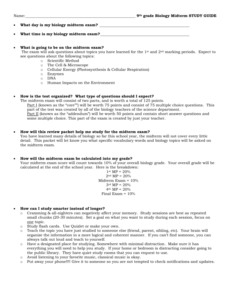 name 9th grade biology midterm study guide what day is my usmle flashcards free download