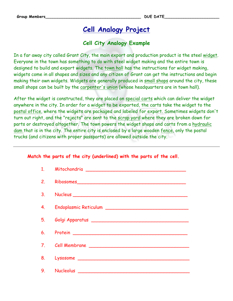 Cell Analogy Project Pertaining To Cell City Analogy Worksheet