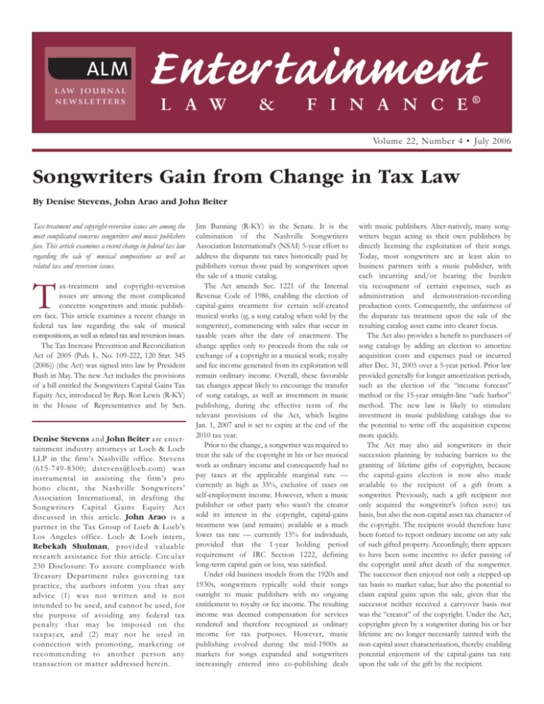 Songwriters Gain From Change In Tax Law