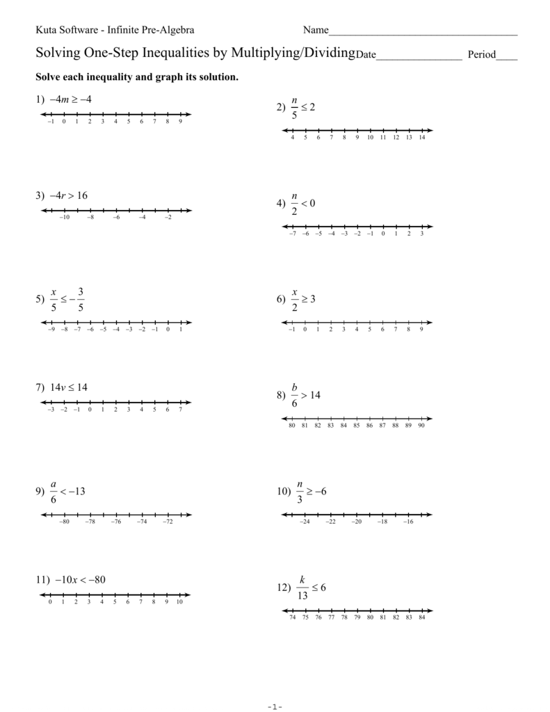 Solving One-Step Inequalities Multiplying+Dividing For Algebra 1 Inequalities Worksheet