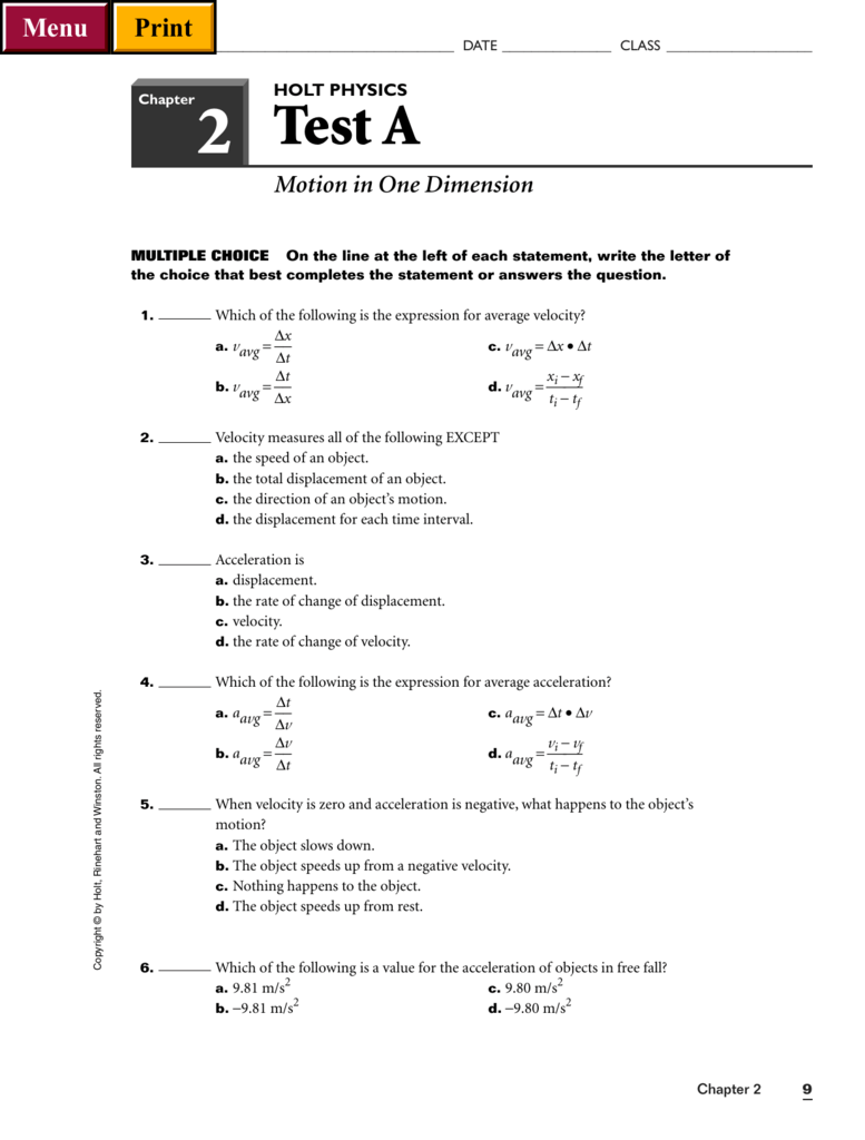 Holt Physics Motion In One Dimension Worksheet Answers - kidsworksheetfun