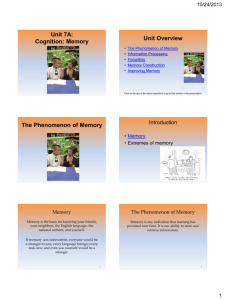 Unit 7A: Cognition: Memory Unit Overview The