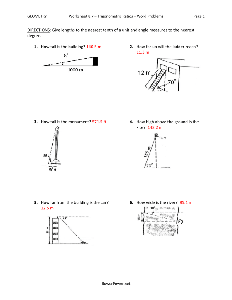 Worksheet 25.25 - Trigonometric Ratios- Word Inside Trig Word Problems Worksheet Answers