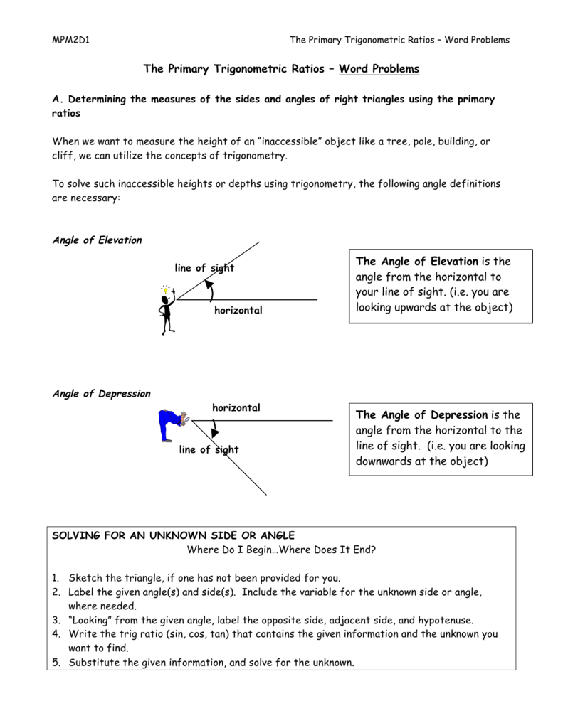 The Primary Trigonometric Ratios – Word Problems The Angle of Intended For Trig Word Problems Worksheet