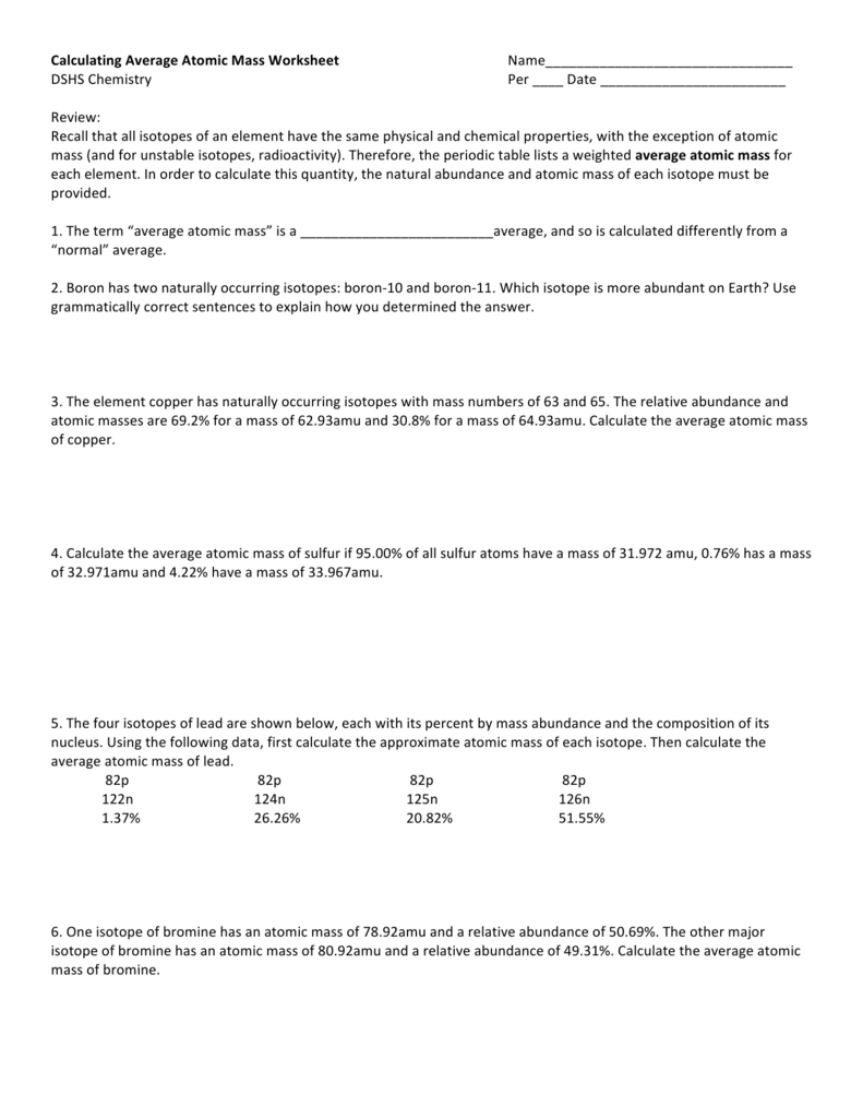 Calculating Average Atomic Mass Worksheet Answer Key Pdf