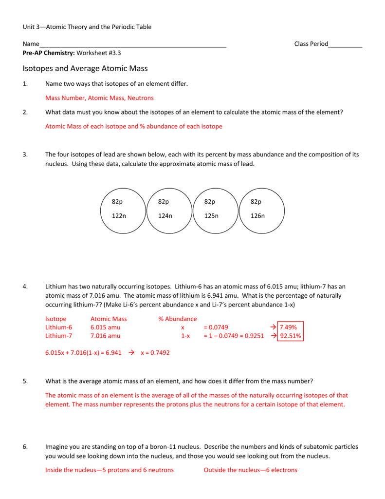 Isotopes and Average Atomic Mass With Atoms And Isotopes Worksheet Answers