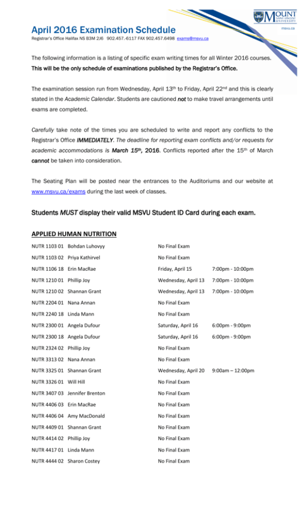 Exam Schedule Mount Saint Vincent University