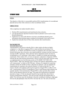 LAB 10 DNA TRANSFORMATION STUDENT GUIDE